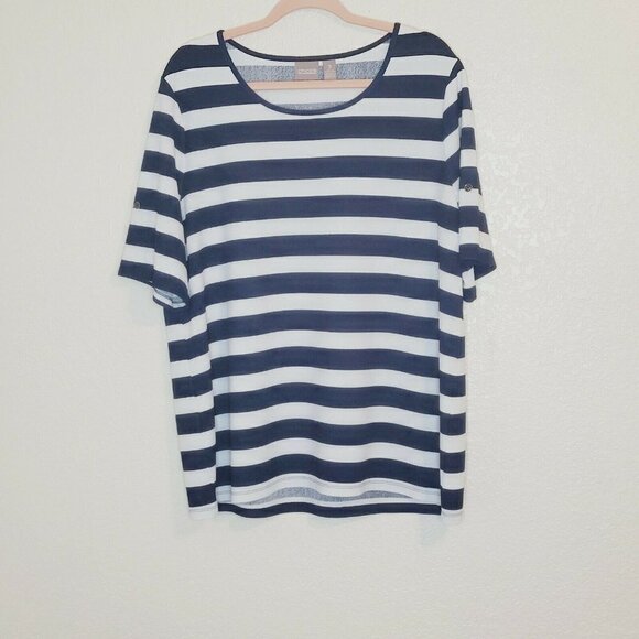 Chicos Blue and White Stripe Jersey Short Sleeve Top Size 3 - Picture 2 of 8